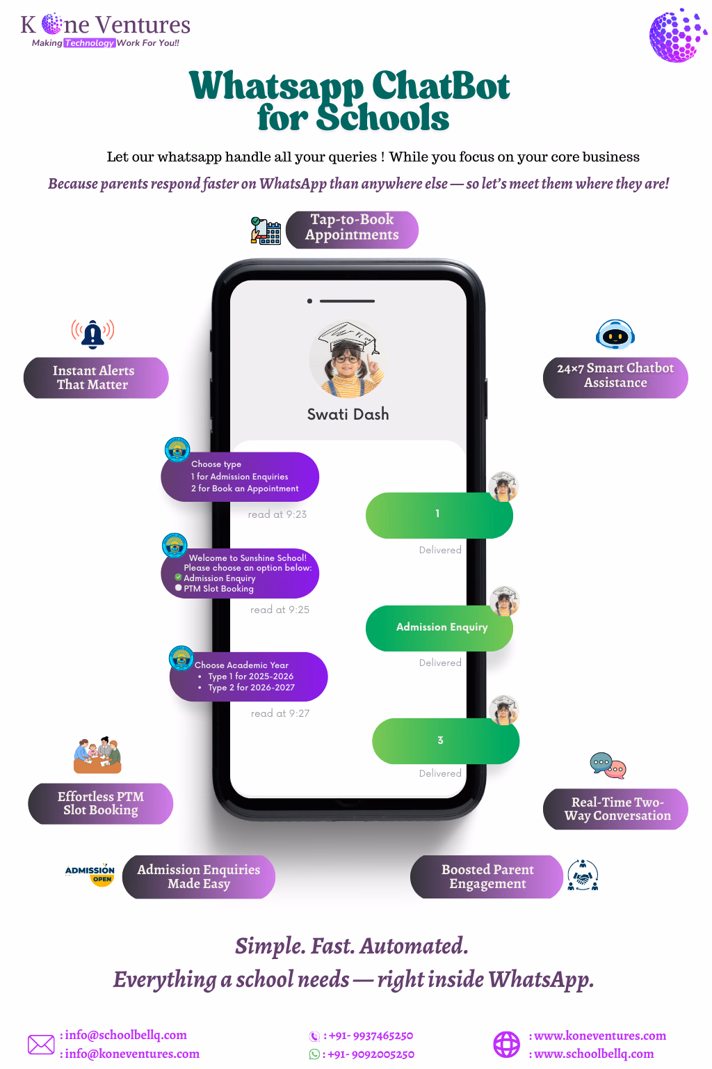 WhatsApp chatbot for schools with appointment booking, admission enquiries, instant alerts and parent communication