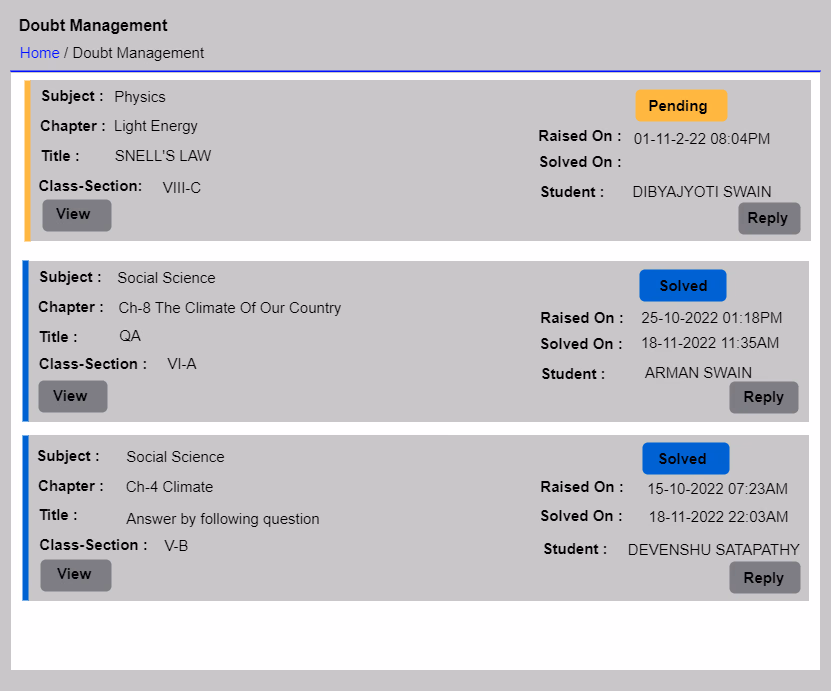 School doubt management system for student questions, teacher responses, academic support and faster doubt resolution