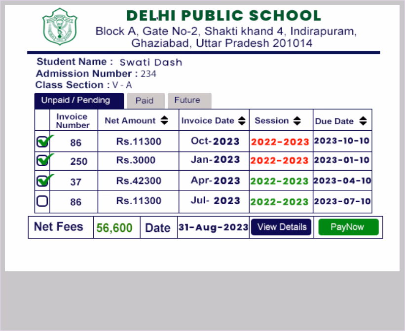 School fee invoice continuity showing previous-year outstanding dues and current-year payments in one consolidated view