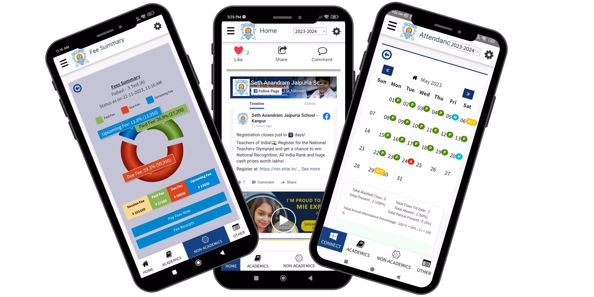 SchoolBellQ mobile application showing fees, social updates and student attendance