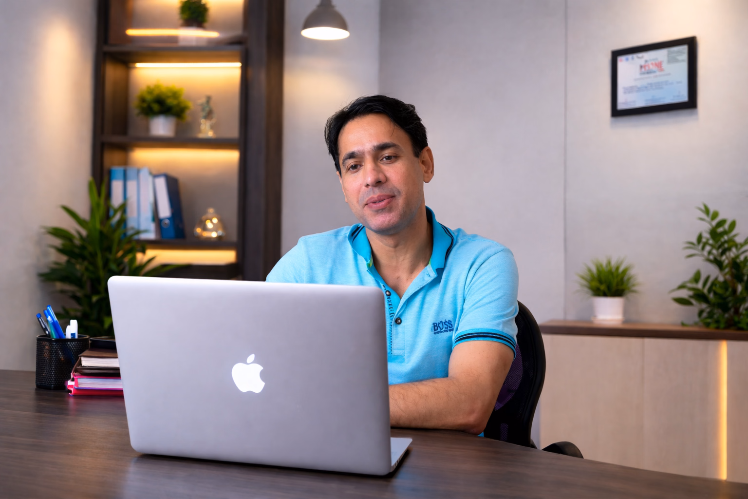 Professional working on a laptop in a modern office